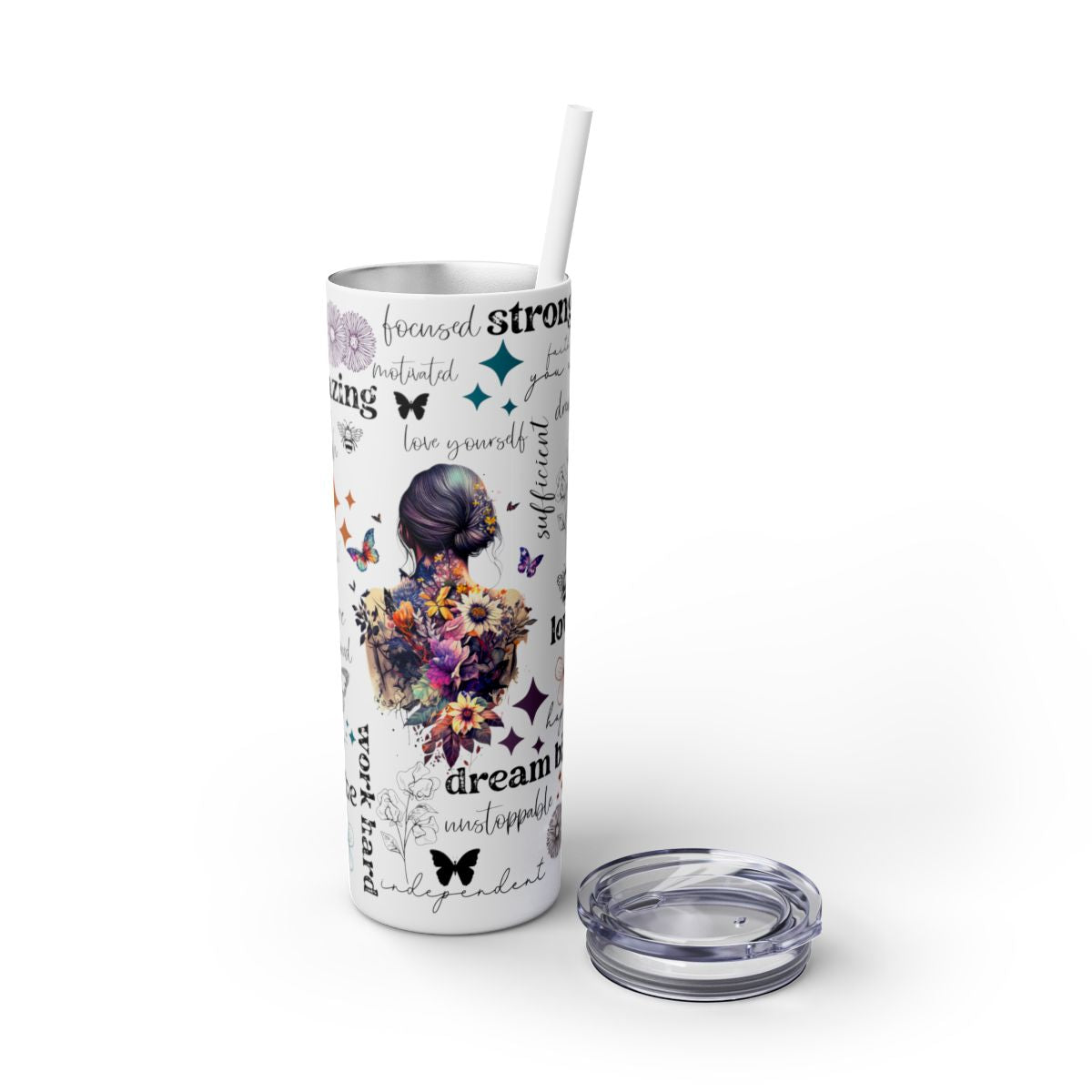 Positive Affirmation 20 oz Skinny Tumbler – Inspirational Butterfly Insulated Cup for Motivation & Self-Care - Sippincity