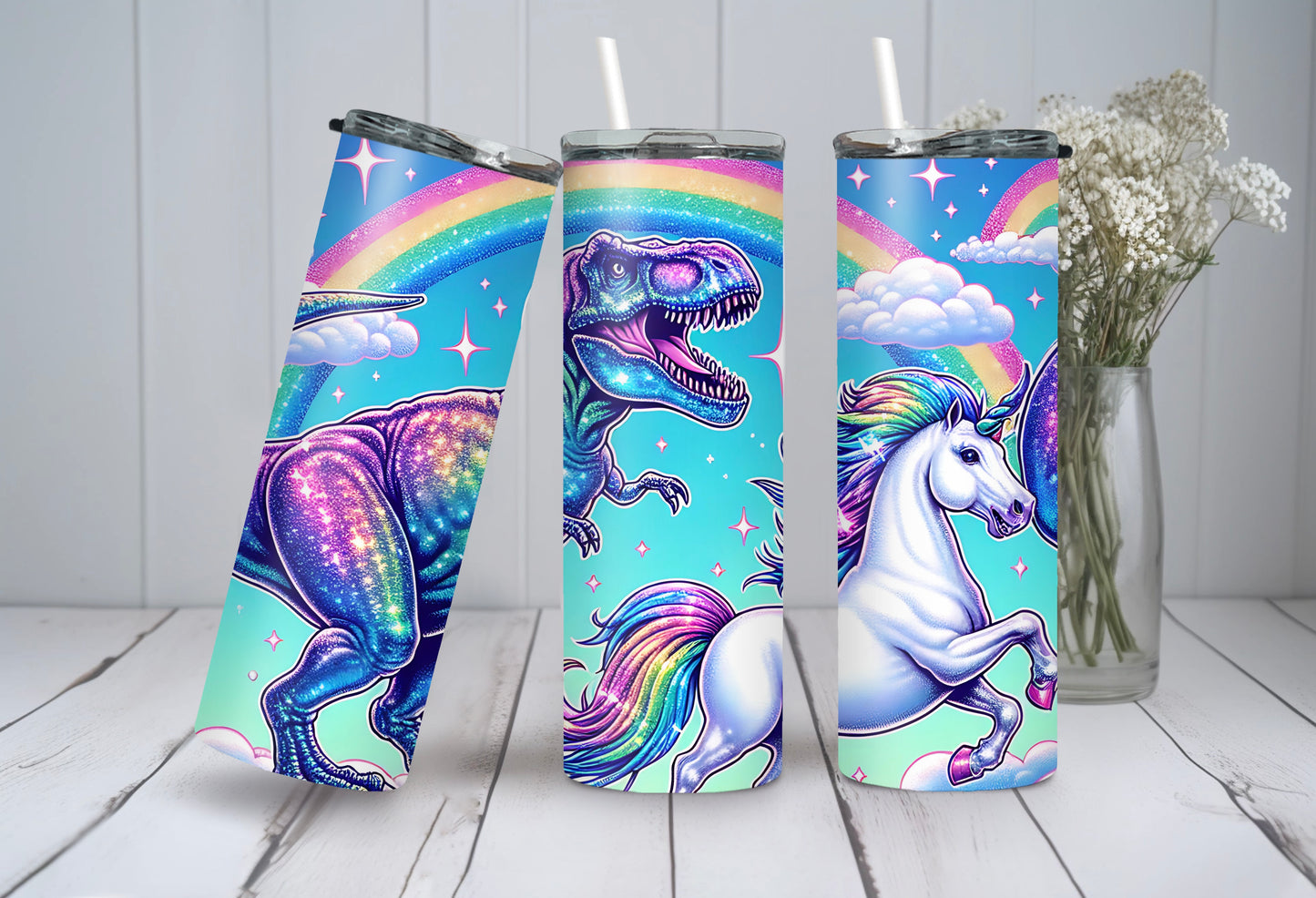 Funny T-Rex Dinosaur and Unicorn Rainbow 20 oz Skinny Tumbler – Perfect Gift Idea - Sippincity