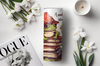 Cozy Frog Book Stack Coffee Tumbler – 20 oz Skinny Cup for Bookworms - Sippincity