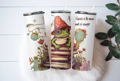Cozy Frog Book Stack Coffee Tumbler – 20 oz Skinny Cup for Bookworms - Sippincity