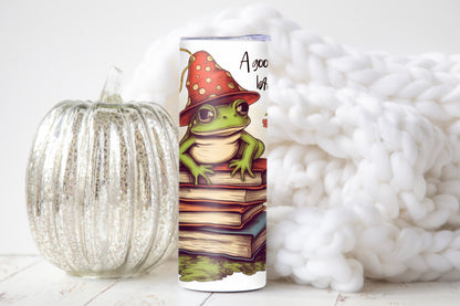 Cozy Frog Book Stack Coffee Tumbler – 20 oz Skinny Cup for Bookworms - Sippincity
