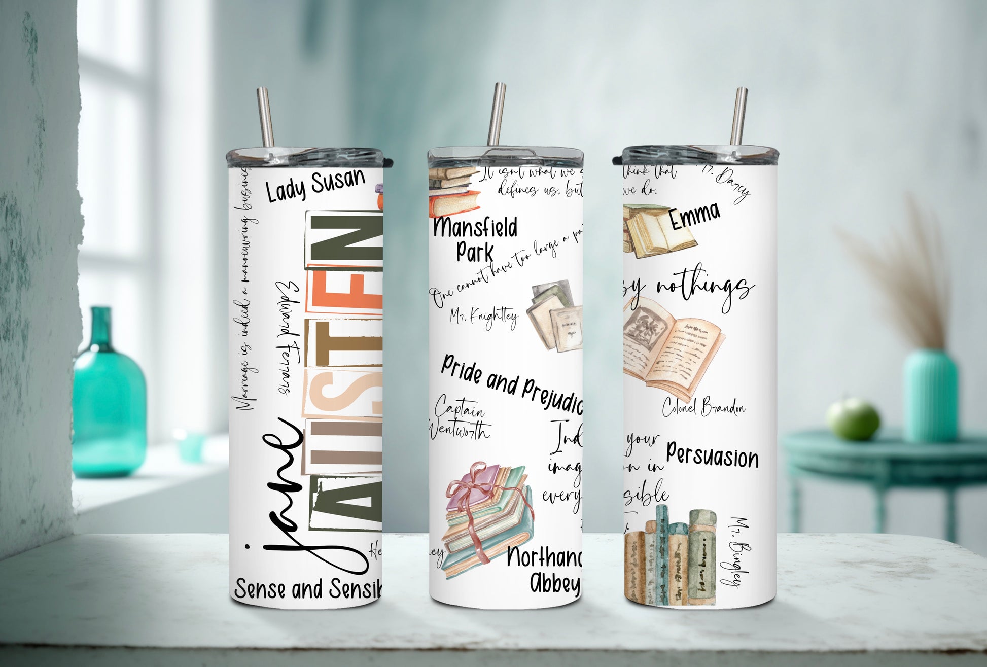 Literary Jane Austen 20 oz Skinny Tumbler with Famous Quotes - Sippincity